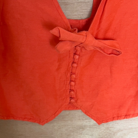 Maeve Anthropologie Crop Top US 10 Linen Viscose Boho Orange Button Up Bow Tie - Picture 3 of 5